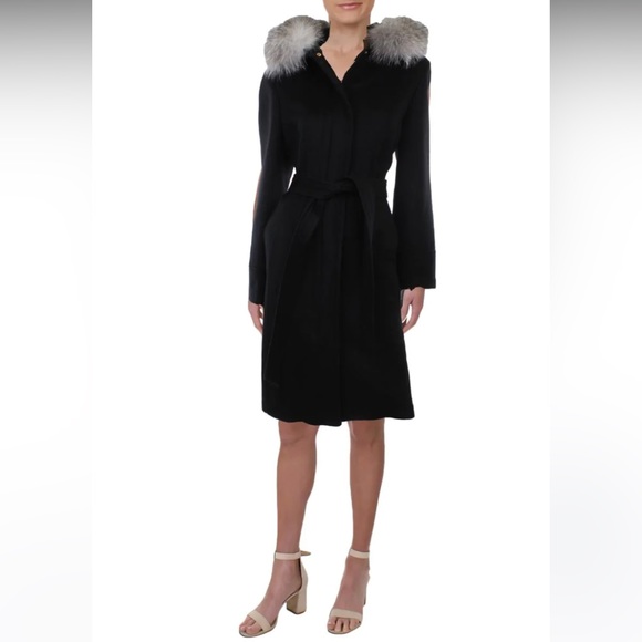 1 Madison Jackets & Blazers - 1 Madison Black Wool Wrap Coat with Detachable Fox Fur Trim